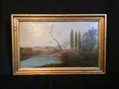 Antique Landscape Painting, Oil on Board. Tranquil scene of a river & meadow. Donated by Linda White