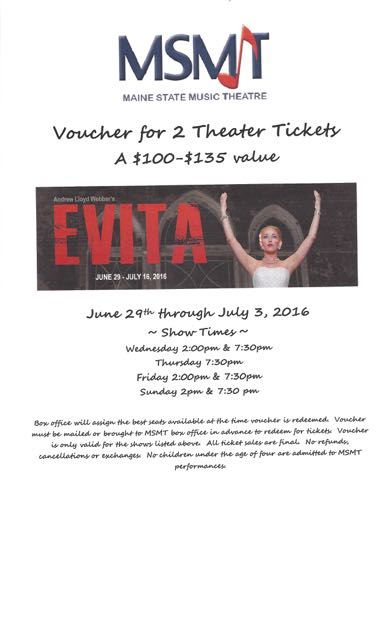 Voucher for 2 tickets to Maine State Theater's July production of Evita!