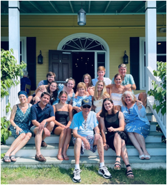 A group of people sitting on stairs
Description automatically generated